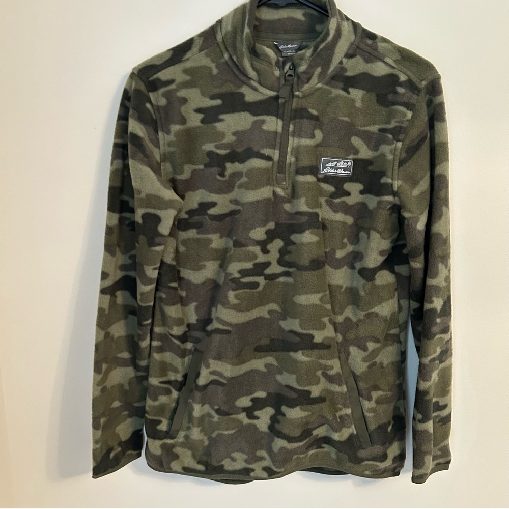 Youth Eddie Bauer Camoflauge Green 1/4‎ Zip Pullover Fleece Jacket Kids L 14/16